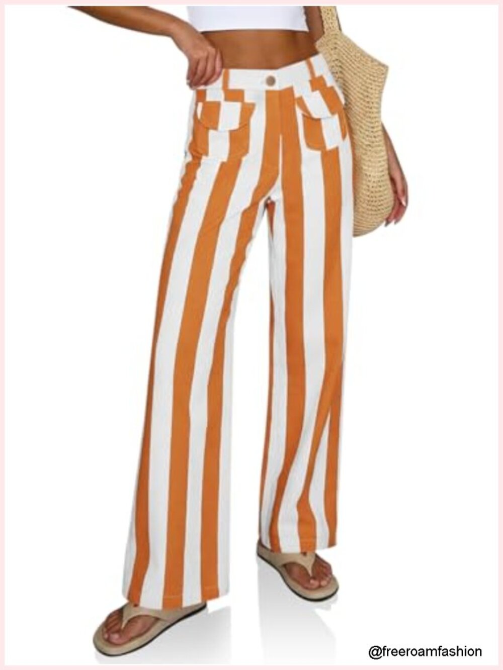 Striped Wide Leg Jeans High Waisted Baggy Cotton Denim Pants with Pockets